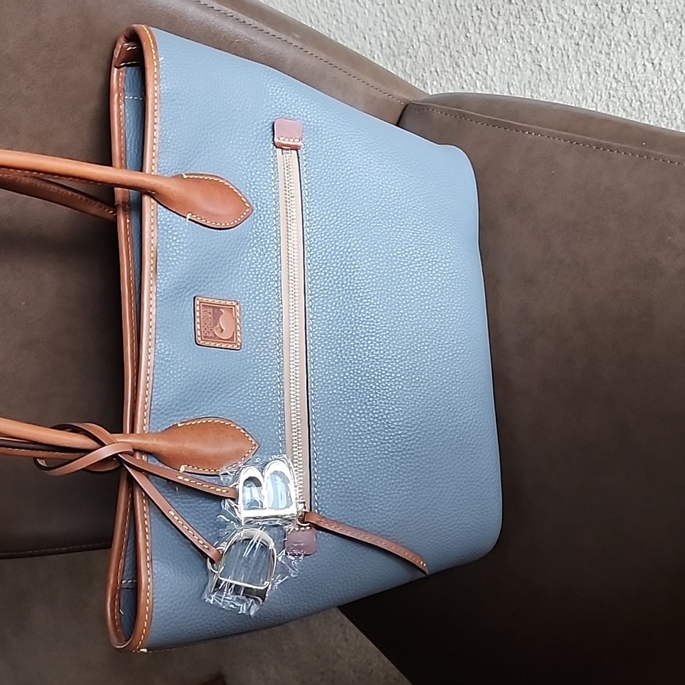 DOONEY & BOURKE Grey Pebbled Leather Two Handle Tote Bag with Tan Leather Trim